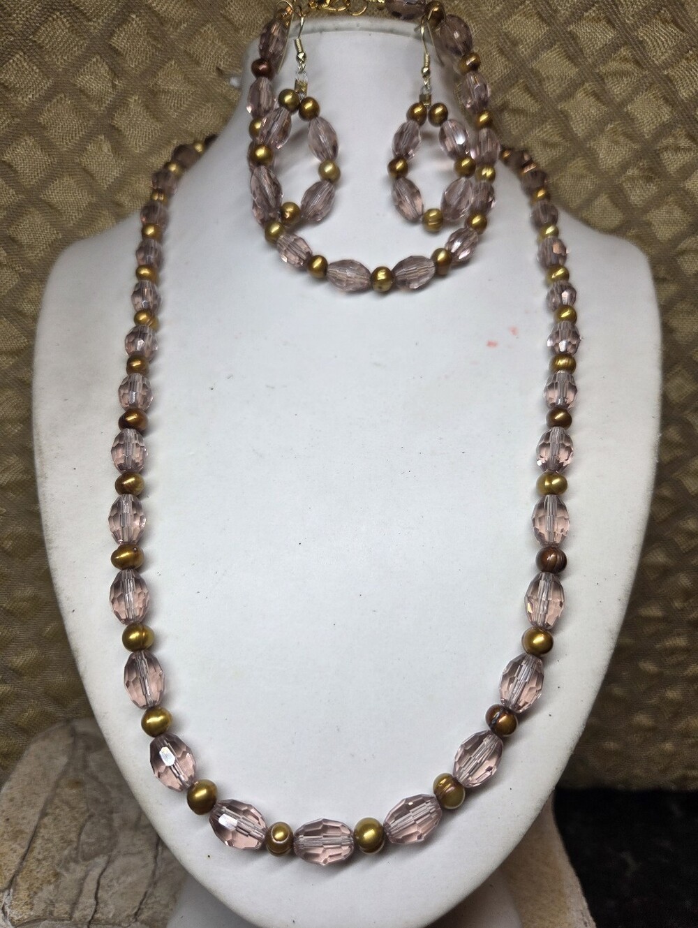 Gold Freshwater Pearl And Pink Crystal Necklace, Bracelet & Earring Set